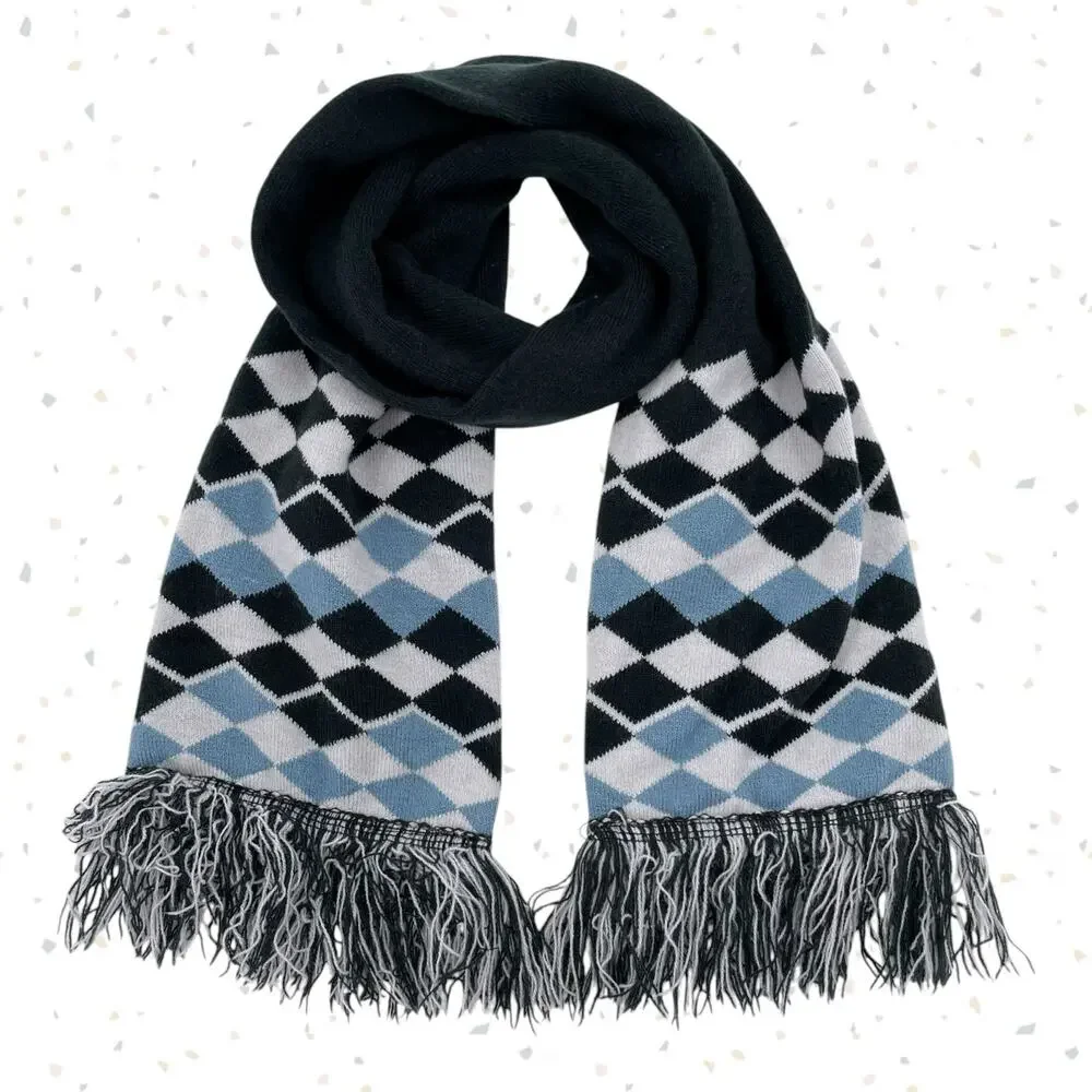 Argyle Scarf Set Classic Diamond Print Fringe Blue Navy & Forest Green 2 Pack